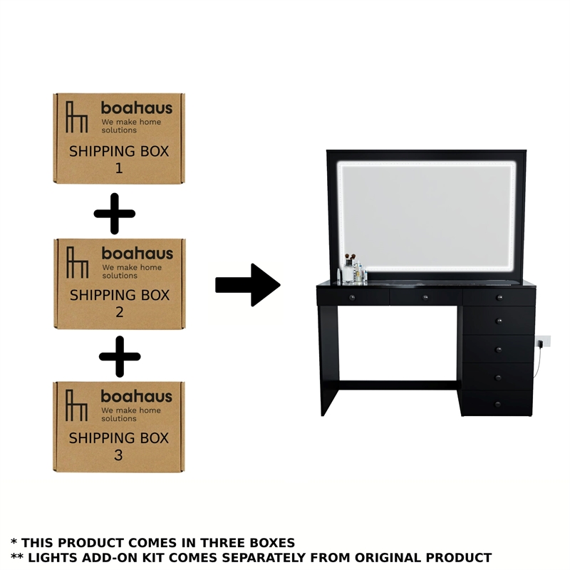 Boahaus Theia Modern Black Vanity Desk 7 Drawers Basic Knobs