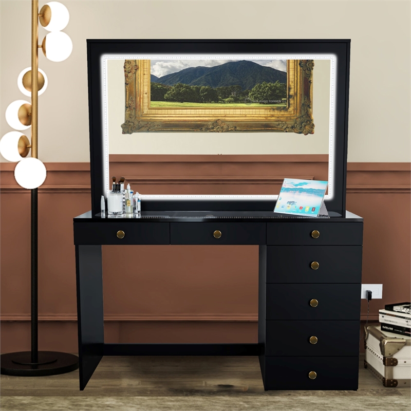 Boahaus Theia Modern Black Vanity Desk 7 Drawers Golden Knobs