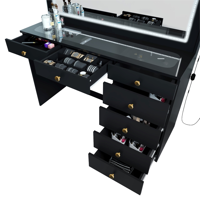 Boahaus Theia Modern Black Vanity Desk 7 Drawers Golden Knobs