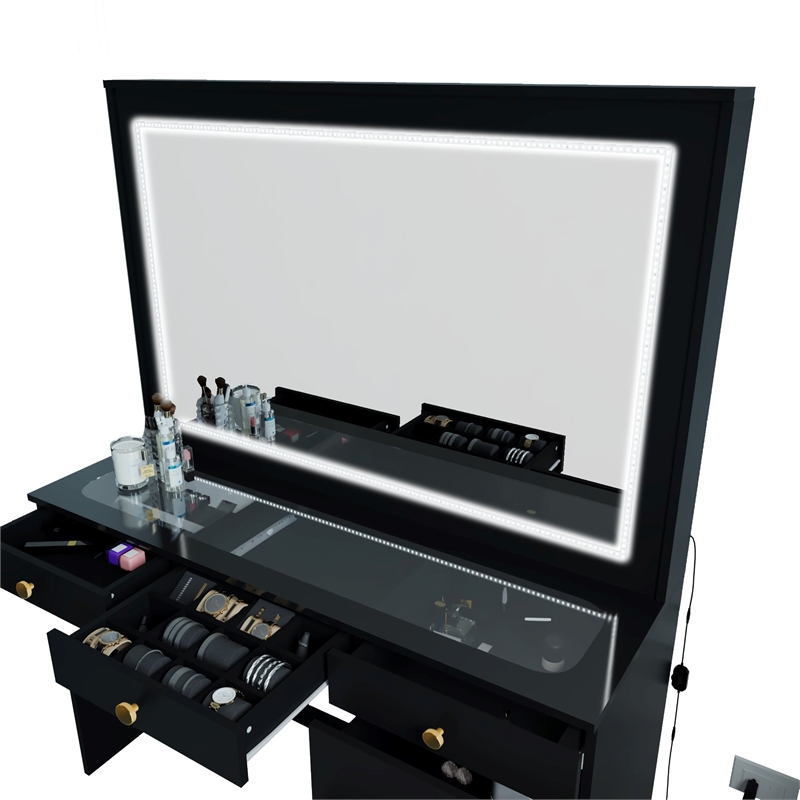 Boahaus Theia Modern Black Vanity Desk 7 Drawers Golden Knobs