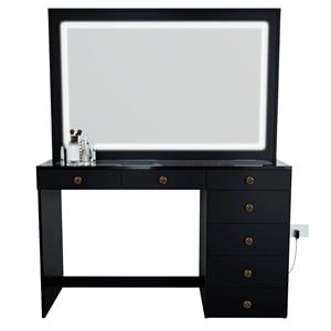 Boahaus Theia Modern Black Vanity Desk 7 Drawers Golden Knobs