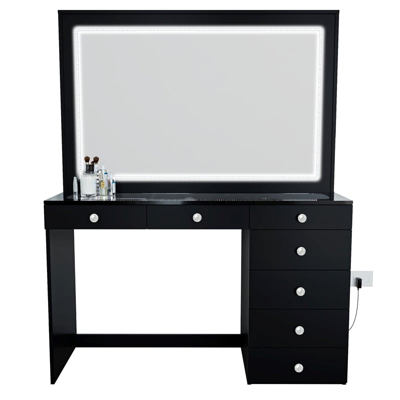 Boahaus Theia Modern Black Vanity Desk 7 Drawers Crystal Ball Knobs