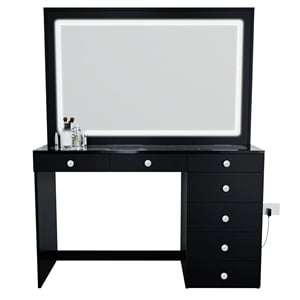 Boahaus Theia Modern Black Vanity Desk 7 Drawers Crystal Ball Knobs