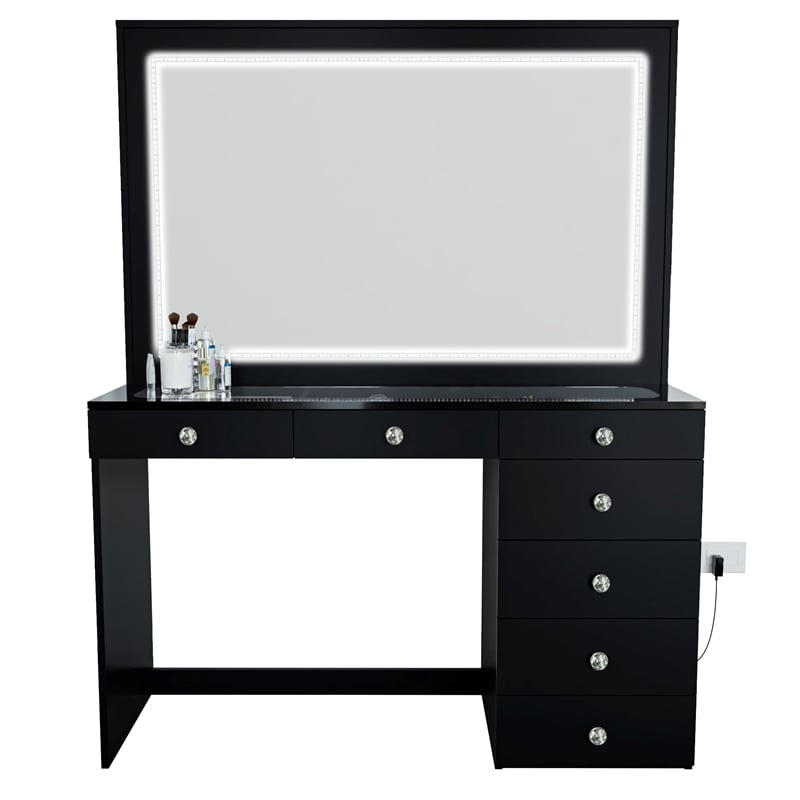 Boahaus Theia Modern Black Vanity Desk 7 Drawers Crystal Knobs