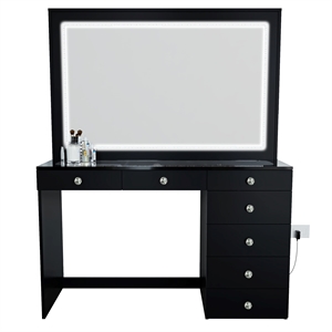 Boahaus Theia Modern Black Vanity Desk 7 Drawers Crystal Knobs