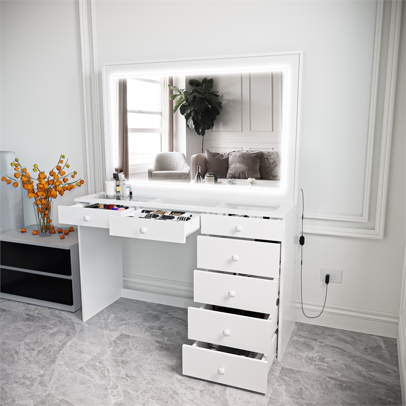Boahaus Theia Modern White Vanity 7 Drawers LED Lights Basic Knobs