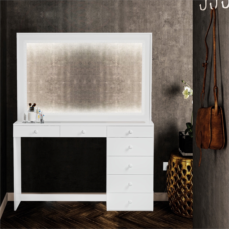 Boahaus Theia Modern White Vanity 7 Drawers LED Lights Basic Knobs