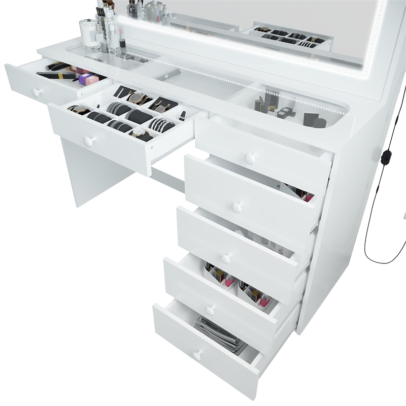 Boahaus Theia Modern White Vanity 7 Drawers LED Lights Basic Knobs