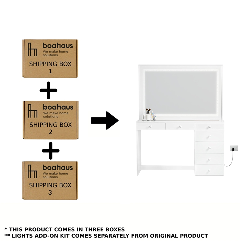 Boahaus Theia Modern White Vanity 7 Drawers LED Lights Basic Knobs
