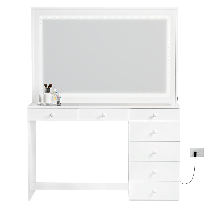 Boahaus Theia Modern White Vanity 7 Drawers LED Lights Basic Knobs