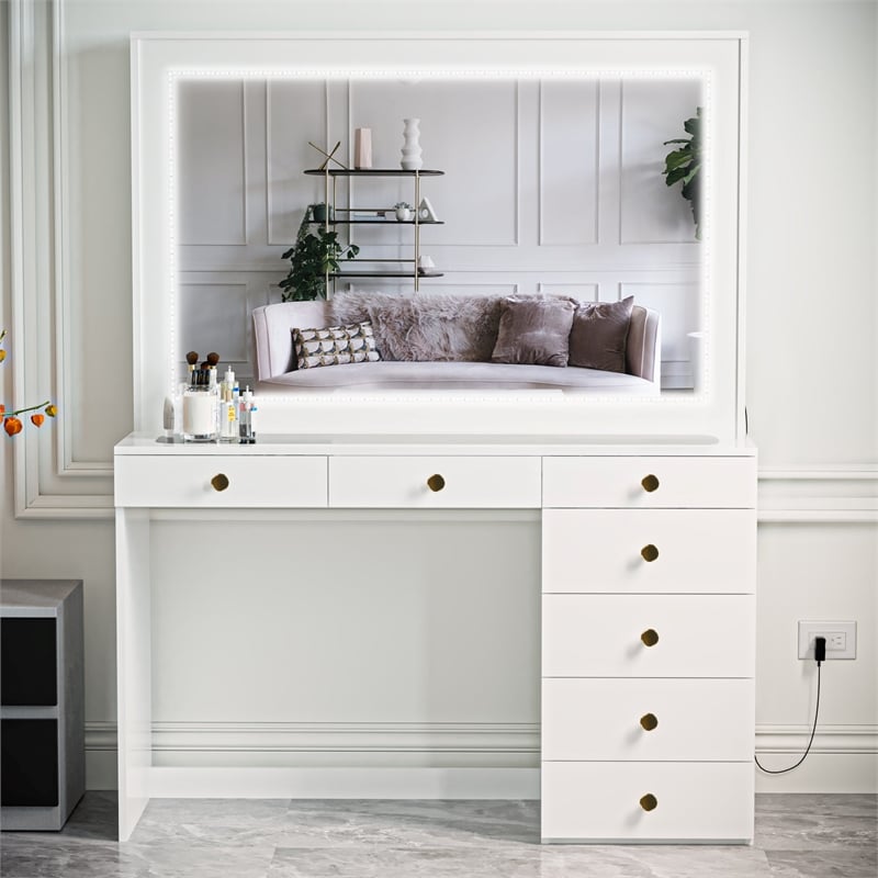 Boahaus Theia Modern White Vanity 7 Drawers LED Lights Golden Knobs