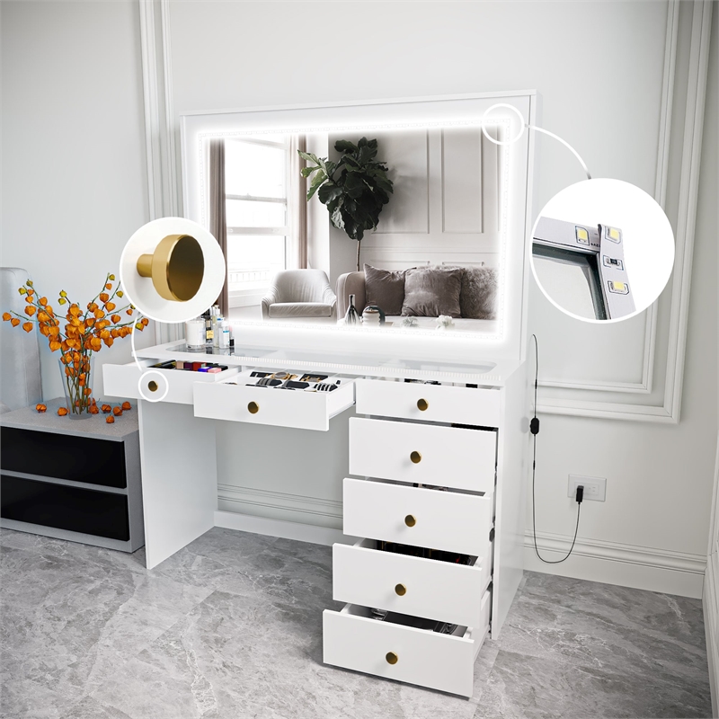 Boahaus Theia Modern White Vanity 7 Drawers LED Lights Golden Knobs