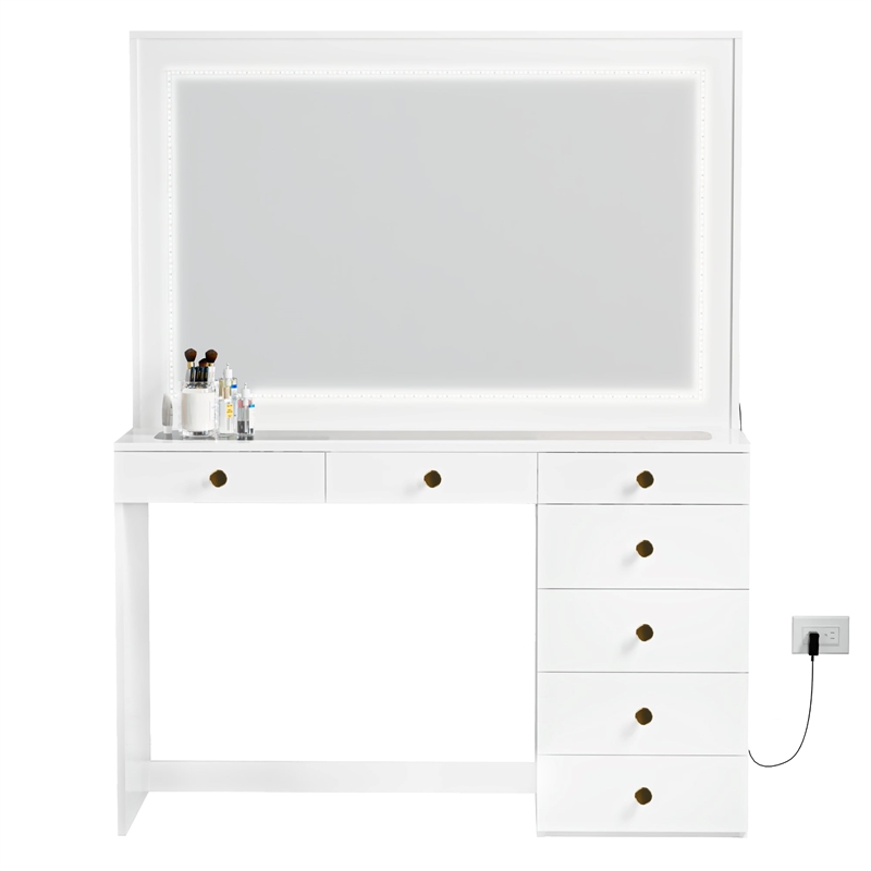 Boahaus Theia Modern White Vanity 7 Drawers LED Lights Golden Knobs