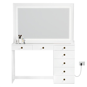 Boahaus Theia Modern White Vanity 7 Drawers LED Lights Golden Knobs