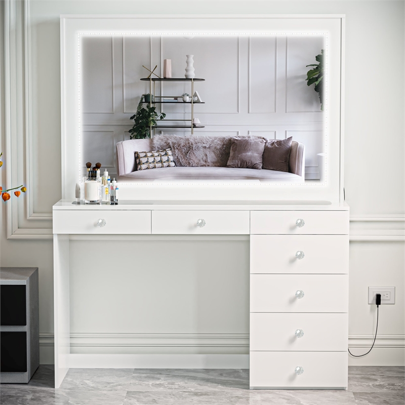 Boahaus Theia Modern White Vanity 7 Drawers LED Lights Crystal Ball Knobs