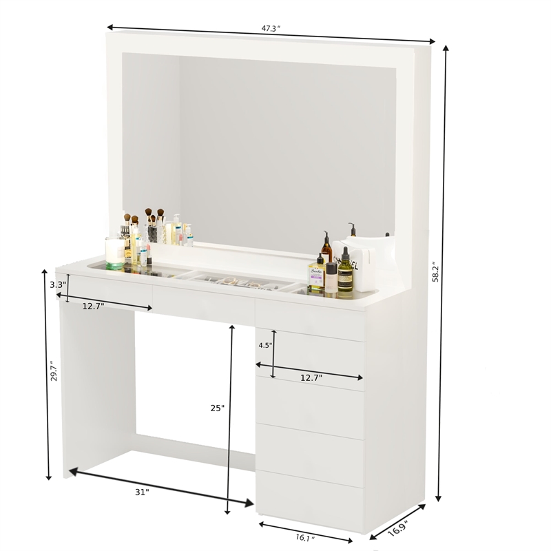 Boahaus Theia Modern White Vanity 7 Drawers LED Lights Crystal Ball Knobs