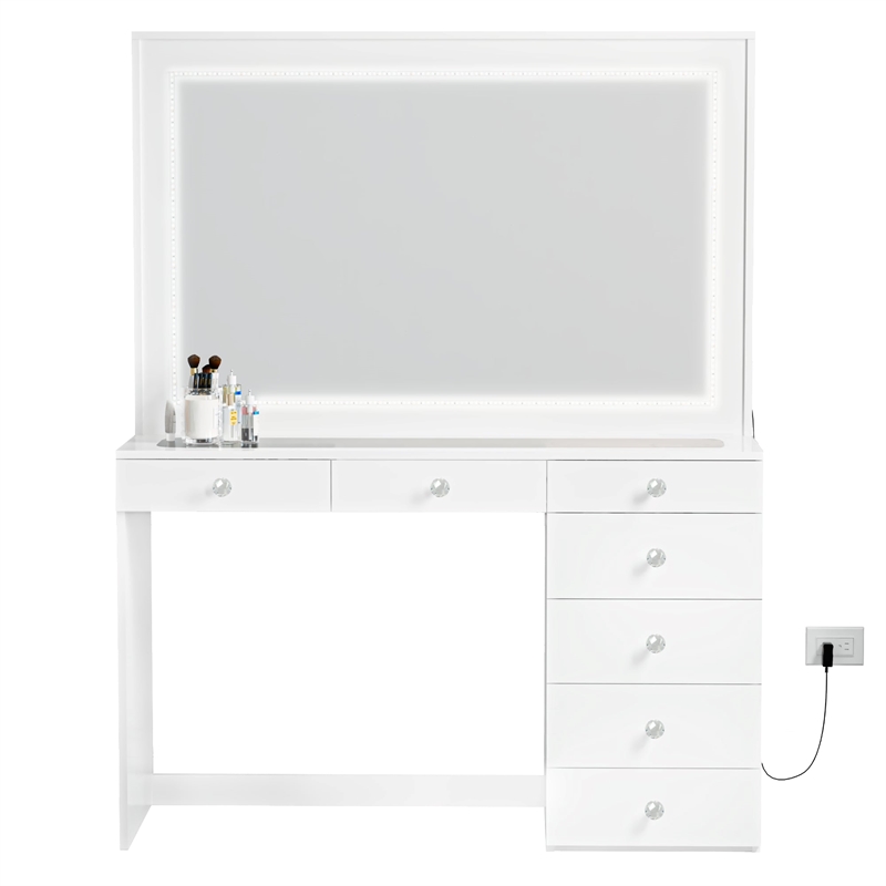 Boahaus Theia Modern White Vanity 7 Drawers LED Lights Crystal Ball Knobs
