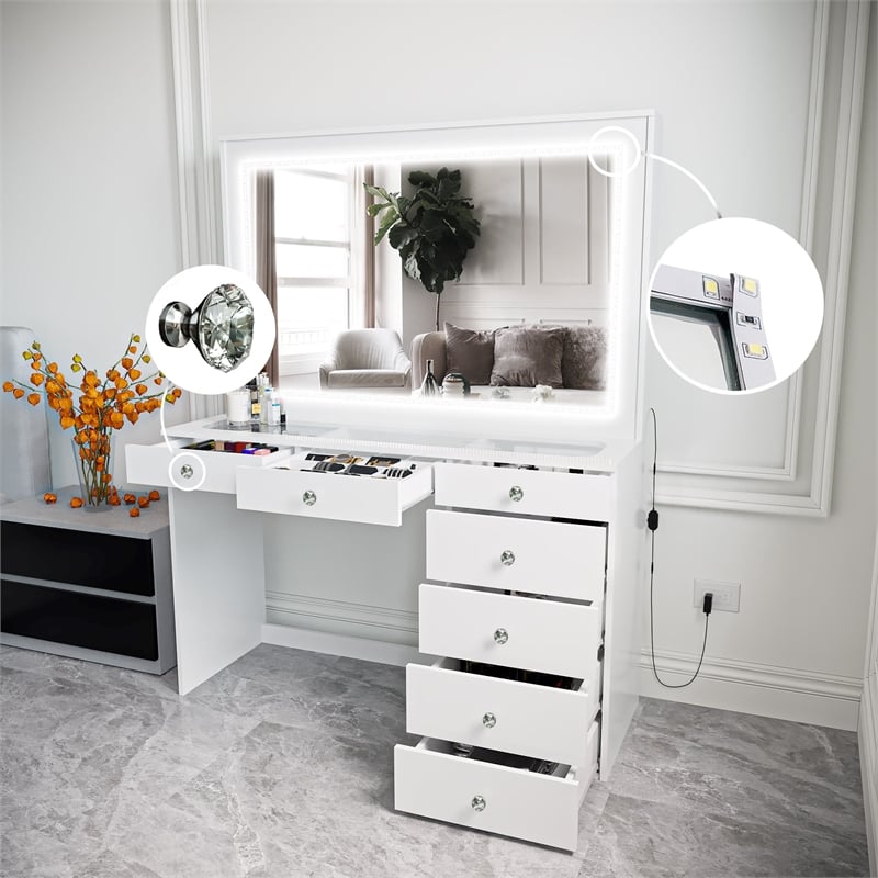 Boahaus Theia Modern White Vanity 7 Drawers LED Lights Crystal Knobs