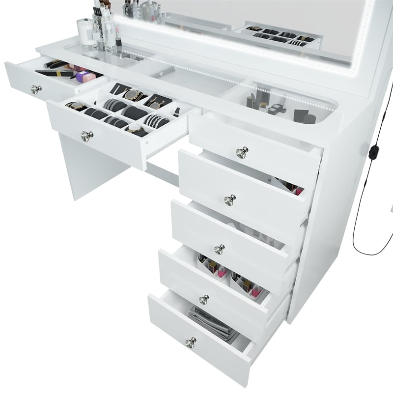 Boahaus Theia Modern White Vanity 7 Drawers LED Lights Crystal Knobs