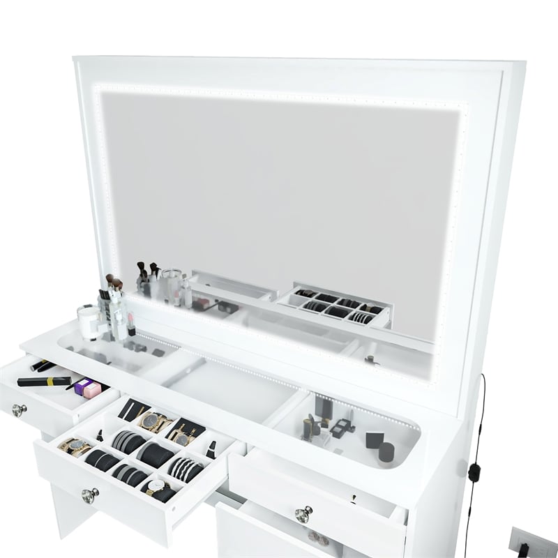 Boahaus Theia Modern White Vanity 7 Drawers LED Lights Crystal Knobs