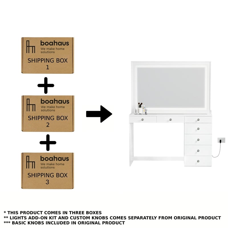 Boahaus Theia Modern White Vanity 7 Drawers LED Lights Crystal Knobs