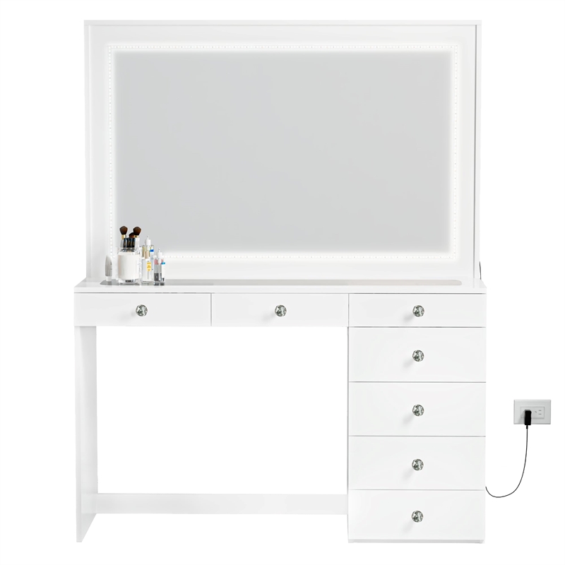 Boahaus Theia Modern White Vanity 7 Drawers LED Lights Crystal Knobs