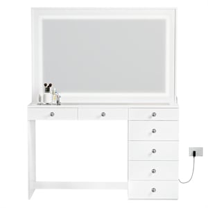 Boahaus Theia Modern White Vanity 7 Drawers LED Lights Crystal Knobs