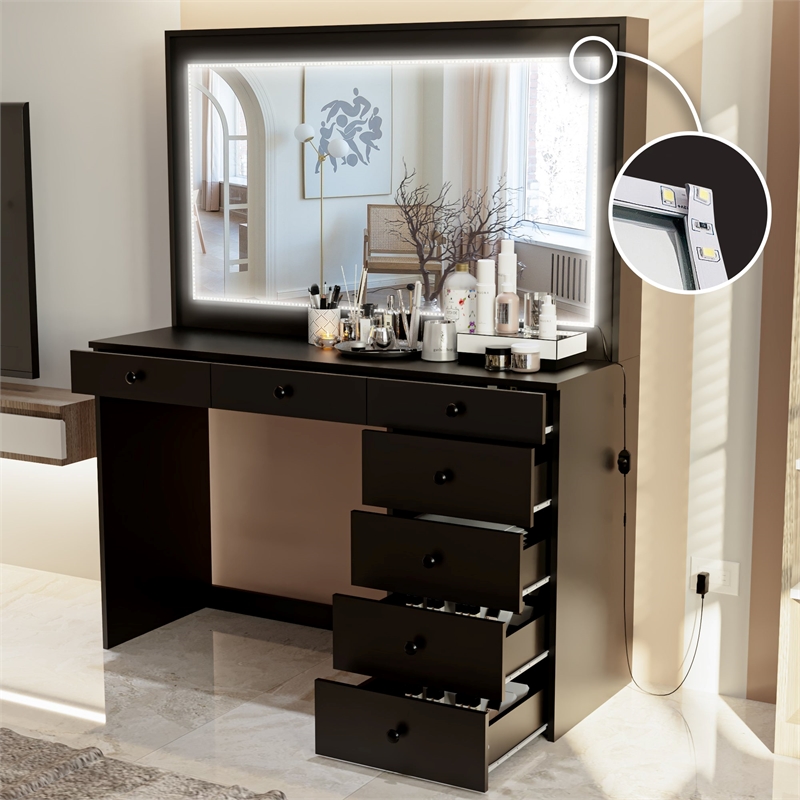 Boahaus Selene Modern Black Vanity Desk with Mirror and LED Lights Basic Knobs