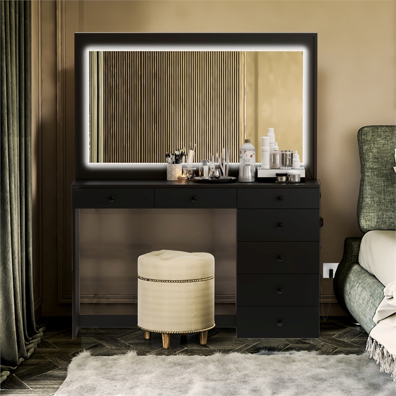 Boahaus Selene Modern Black Vanity Desk with Mirror and LED Lights Basic Knobs