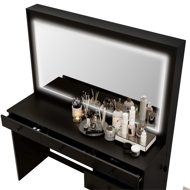 Boahaus Selene Modern Black Vanity Desk with Mirror and LED Lights Basic Knobs