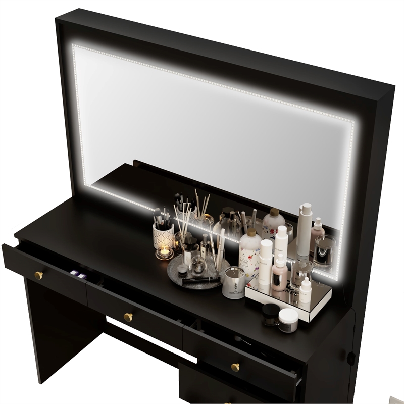 Boahaus Selene Modern Black Vanity Desk with Mirror and LED Lights Golden Knobs