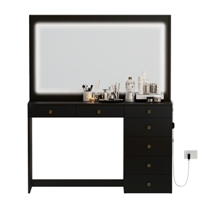 Boahaus Selene Modern Black Vanity Desk with Mirror and LED Lights Golden Knobs