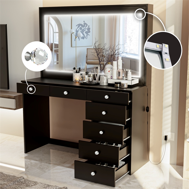 Boahaus Selene Black Vanity Desk with Mirror LED Lights Crystal Ball Knobs