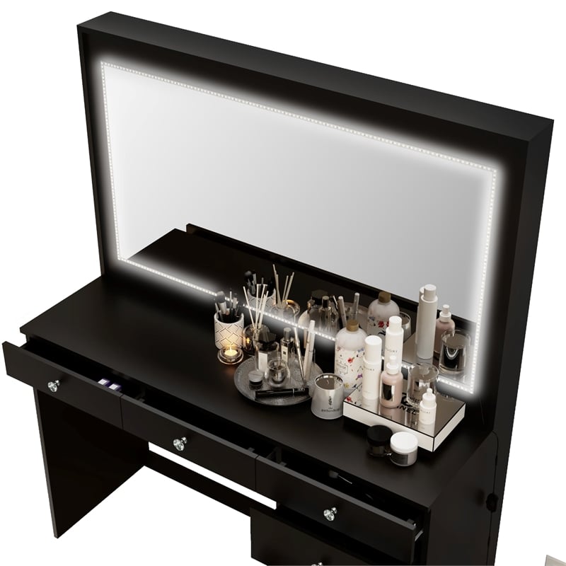 Boahaus Selene Modern Black Vanity Desk with Mirror LED Lights Crystal Knobs
