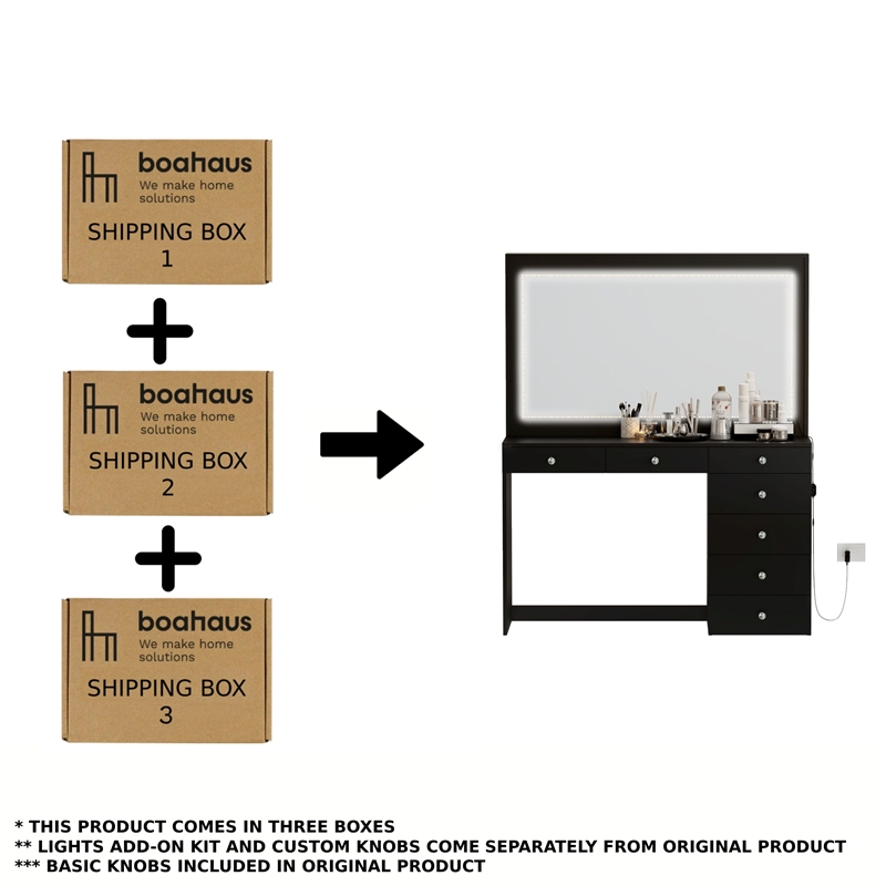 Boahaus Selene Modern Black Vanity Desk with Mirror LED Lights Crystal Knobs