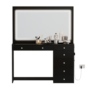 Boahaus Selene Modern Black Vanity Desk with Mirror LED Lights Crystal Knobs