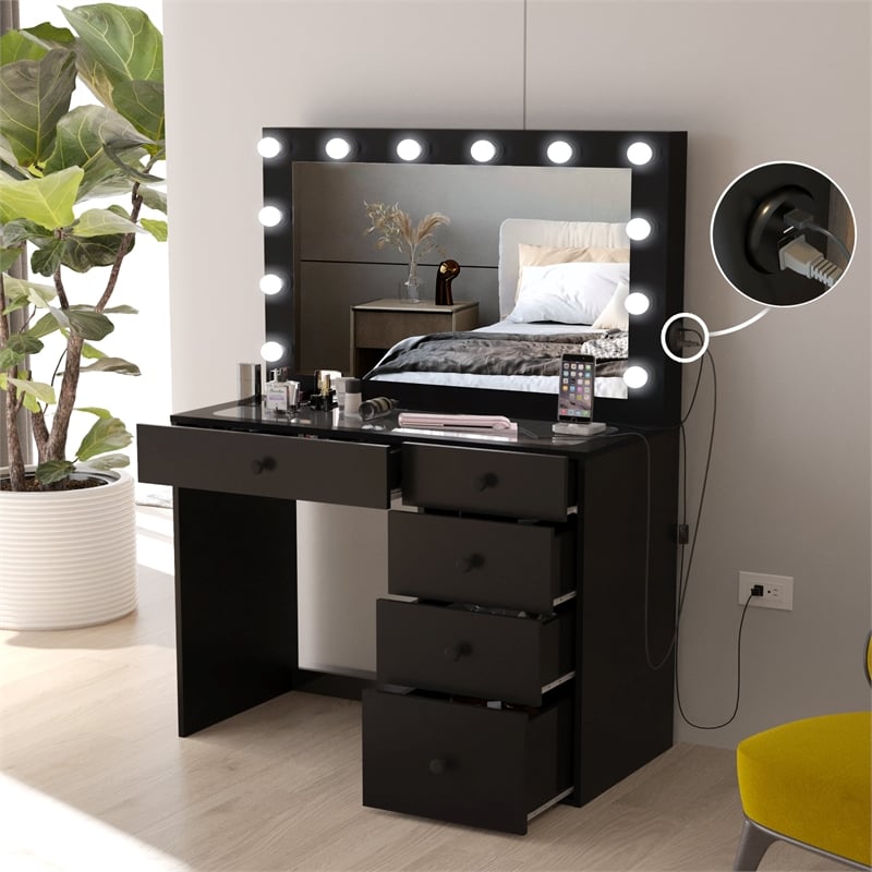 Boahaus Alana Vanity Makeup Desk Black Basic Knobs Manufactured Wood