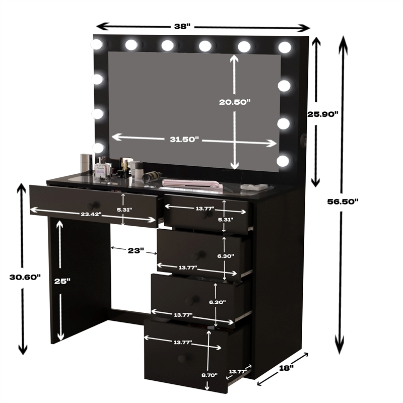 Boahaus Alana Vanity Makeup Desk Black Basic Knobs Manufactured Wood