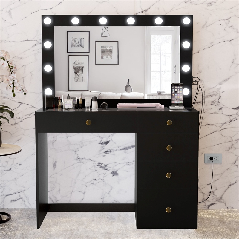 Boahaus Alana Vanity Makeup Desk Black Golden Knobs Manufactured Wood