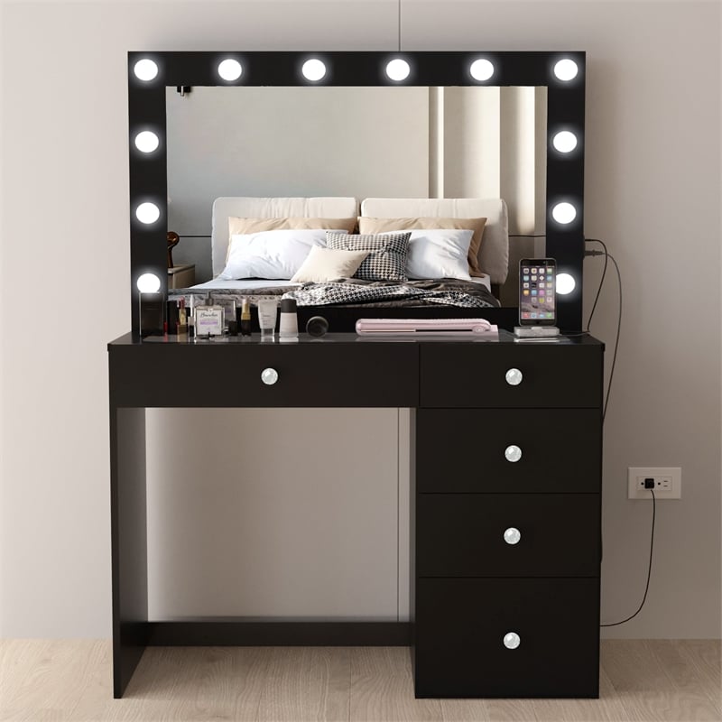 Boahaus Alana Vanity Makeup Desk Black Crystal Ball Knobs Manufactured Wood
