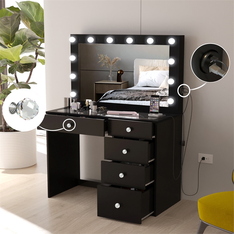 Boahaus Alana Vanity Makeup Desk Black Crystal Ball Knobs Manufactured Wood