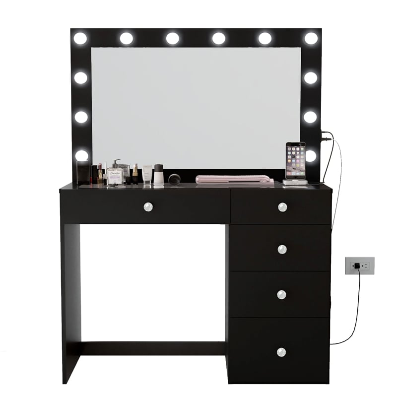 Boahaus Alana Vanity Makeup Desk Black Crystal Ball Knobs Manufactured Wood