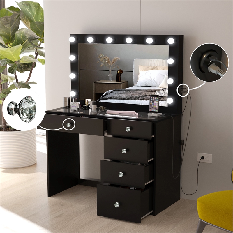 Boahaus Alana Vanity Makeup Desk Black Crystal Knobs Manufactured Wood