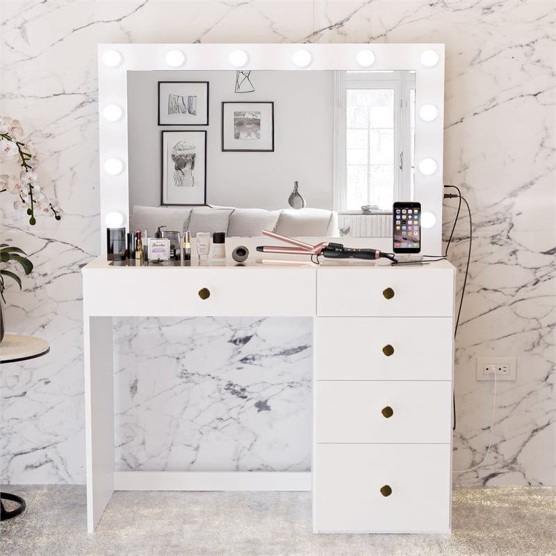 Boahaus Alana Vanity Makeup Desk White Golden Knobs