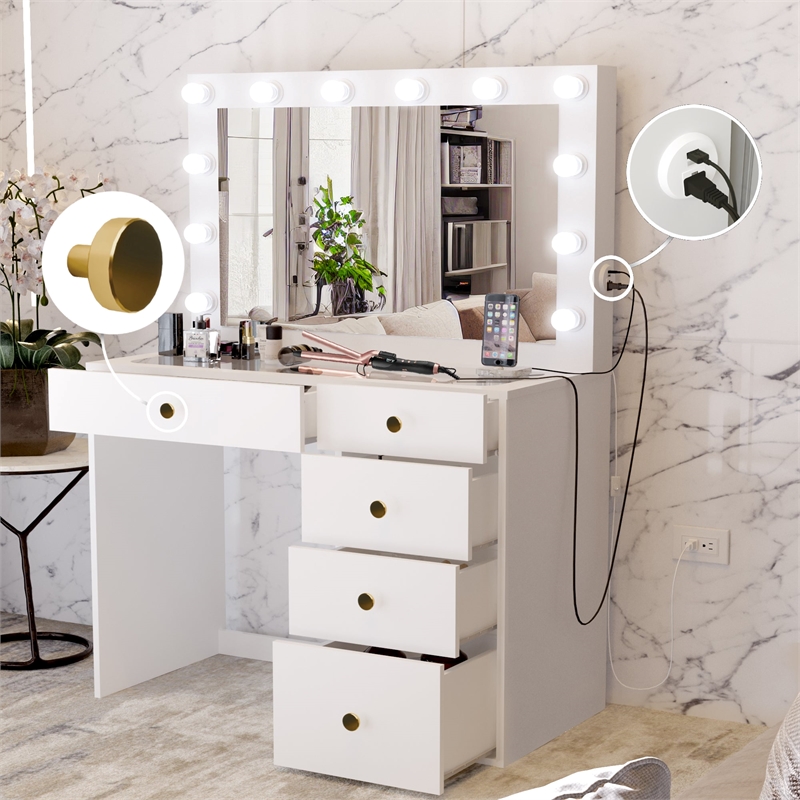 Boahaus Alana Vanity Makeup Desk White Golden Knobs