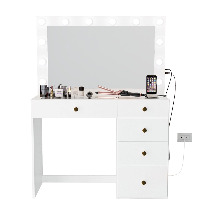 Boahaus Alana Vanity Makeup Desk White Golden Knobs