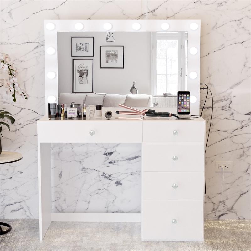Boahaus Alana Vanity Makeup Desk White Crystal Ball Knobs
