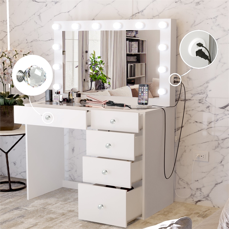 Boahaus Alana Vanity Makeup Desk White Crystal Ball Knobs