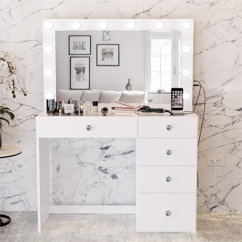 Boahaus Alana Vanity Makeup Desk White Crystal Knobs