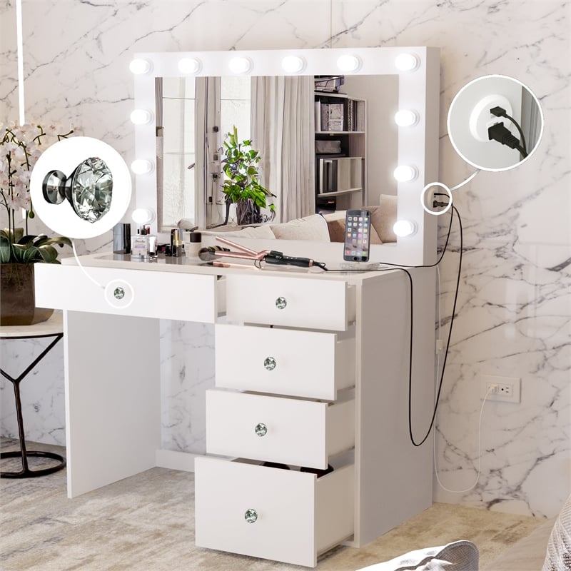Boahaus Alana Vanity Makeup Desk White Crystal Knobs